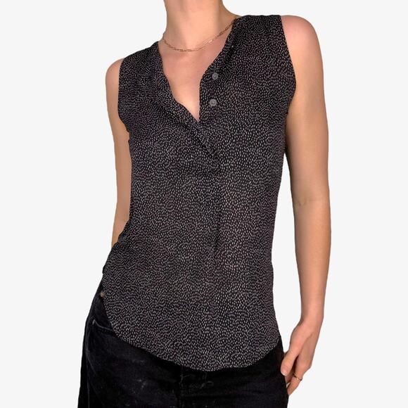 Loft Black tan dotted patterned sleeveless blouse Henley button up - size XXSP - Picture 1 of 8